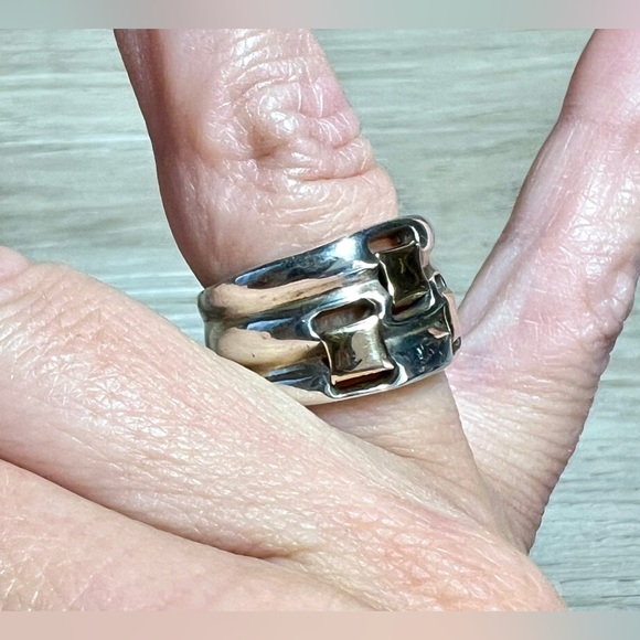 Vintage Designer Signed BV Sterling Silver & 14K Gold Wide Band Ring, Size 6.5 - Picture 12 of 13